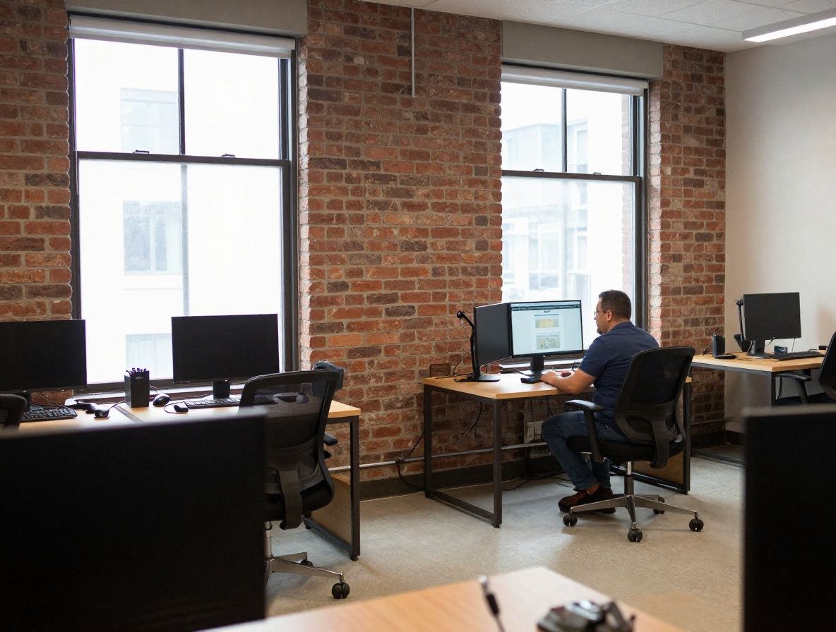 Редакция Jornexa в Хьюстоне — просторный офис с кирпичными стенами, большие окна, рабочие места журналистов с двумя мониторами