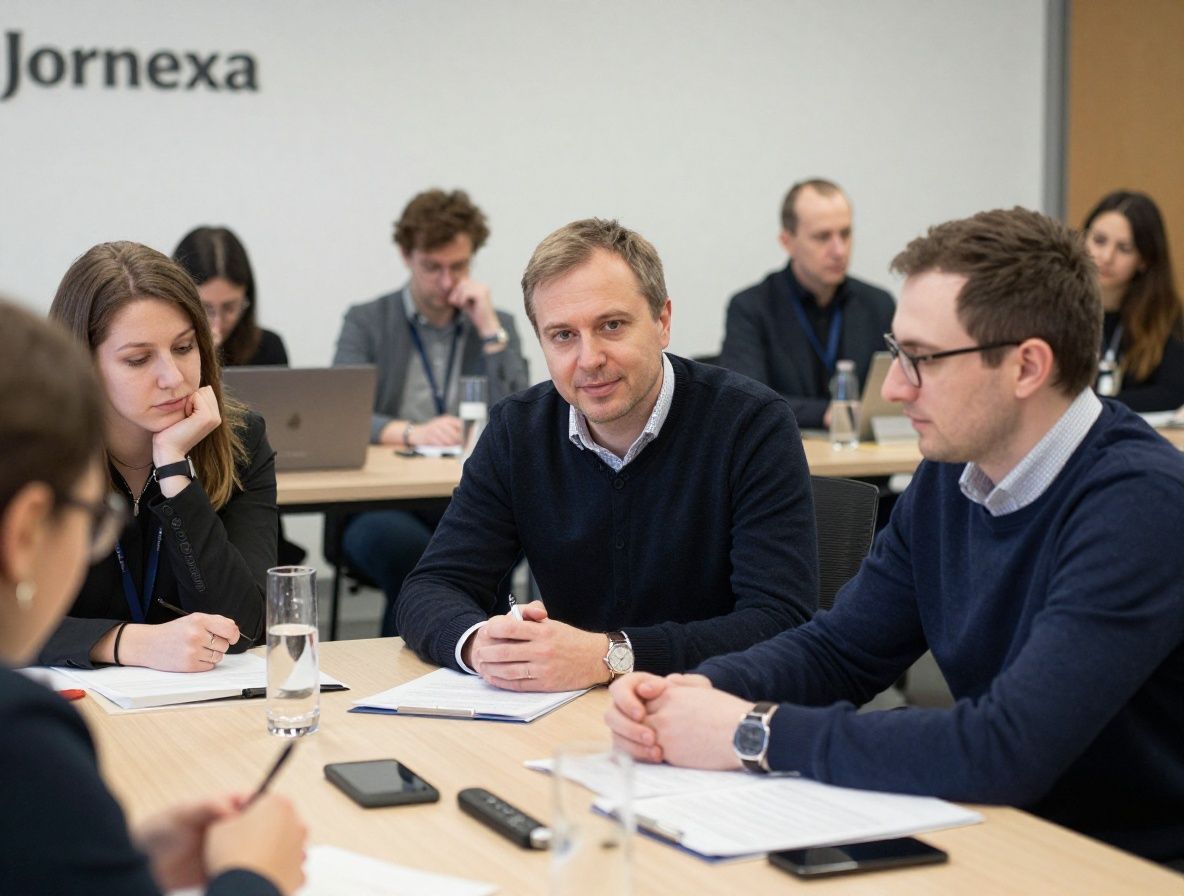 Команда редакторов Jornexa — преподаватели журналистики и журналисты-практики, сидят за большим столом в конференц-зале