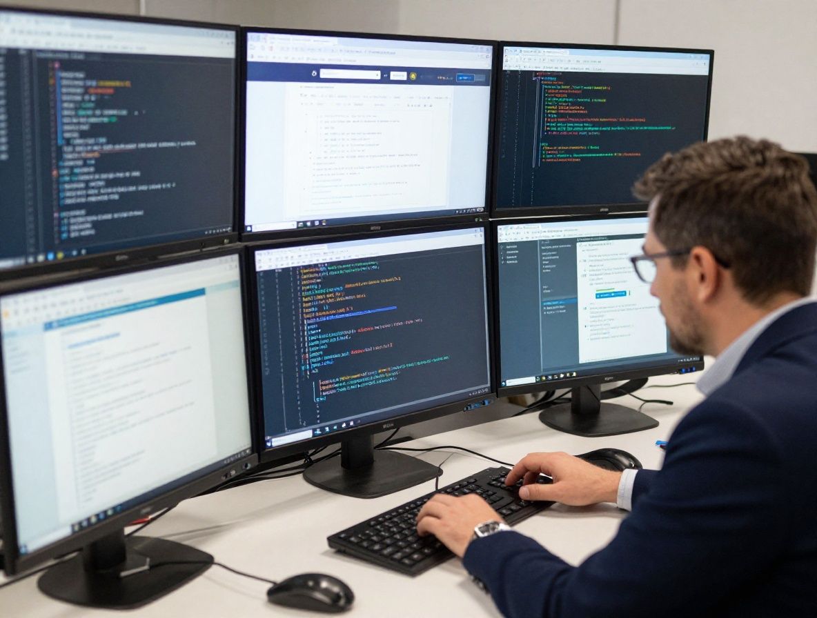 Журналист работает в мобильной редакции, несколько мониторов с новостными сайтами, код на одном из экранов