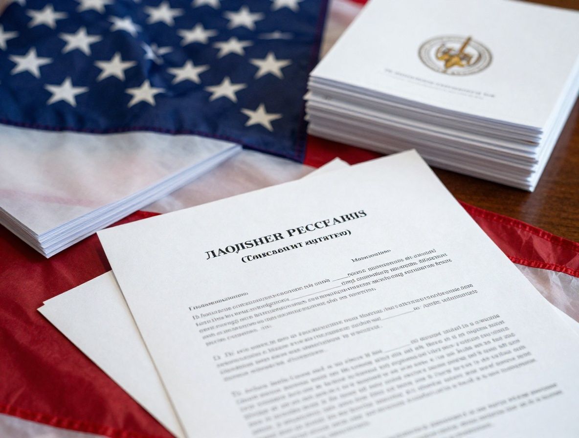 Журналист-расследователь изучает документы в офисе, стопки папок с материалами дел на фоне американского флага