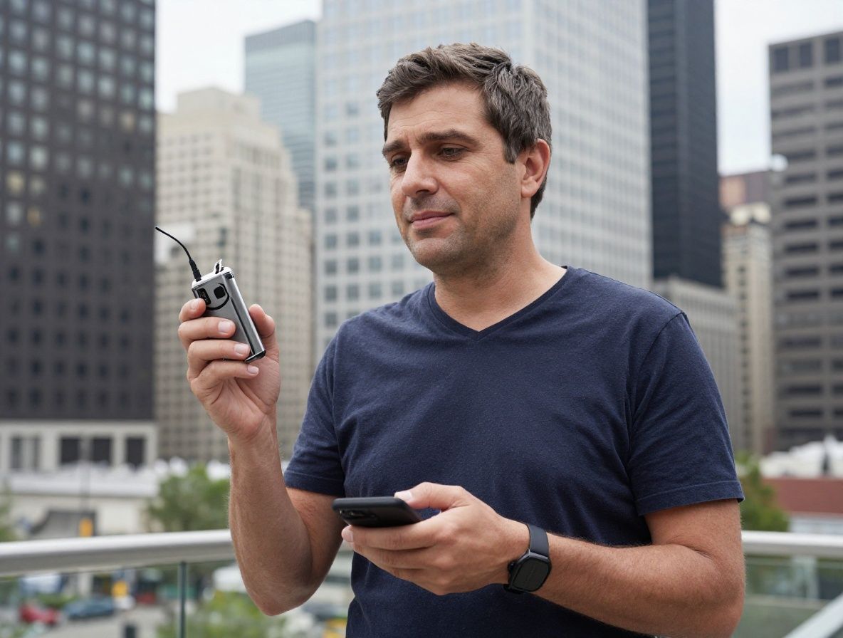 Репортёр берёт интервью на улице американского города с диктофоном в руке, городские небоскрёбы на заднем плане