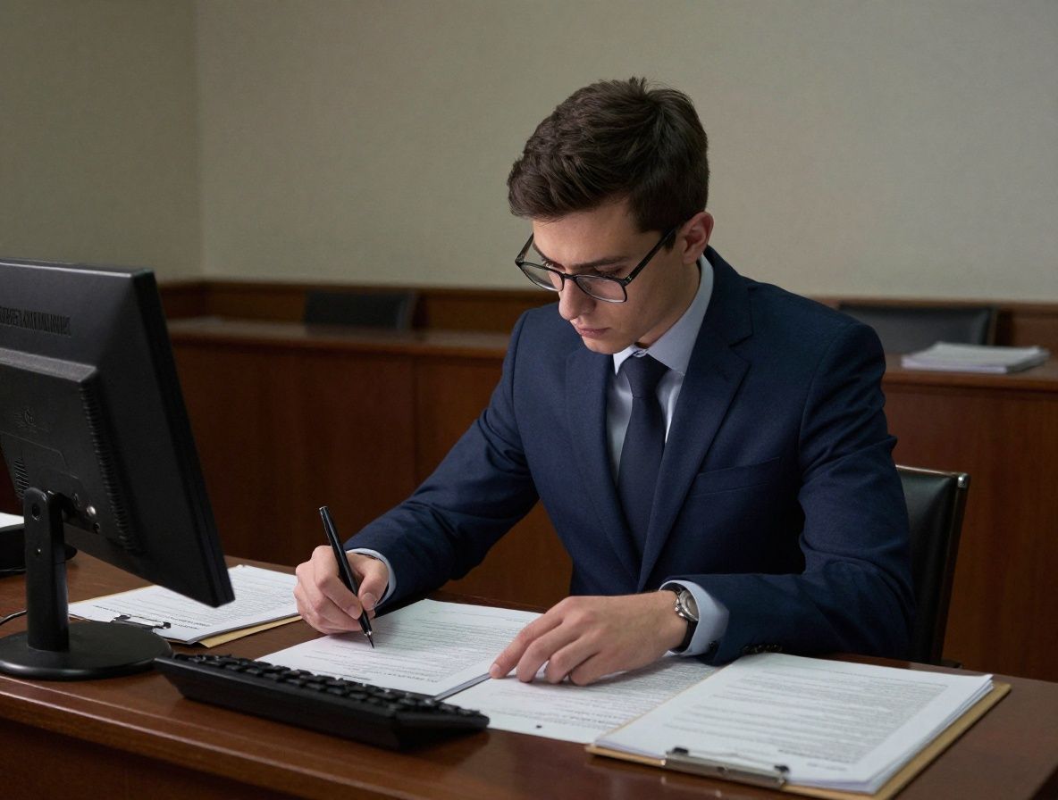 Студент журналистского курса изучает документы судебного дела под настольной лампой поздним вечером