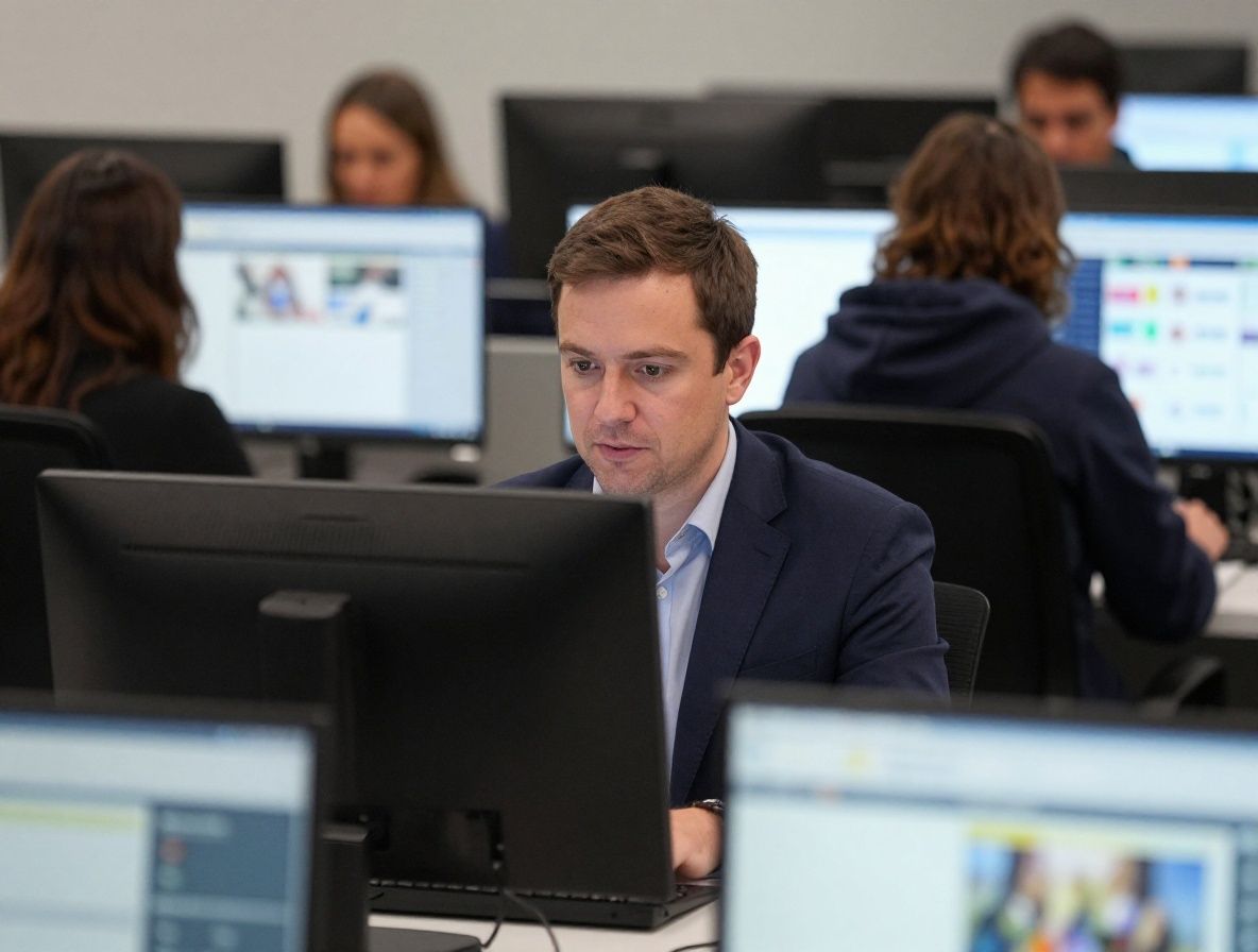 Современная американская редакция с журналистами за компьютерами, экраны с новостными потоками, деловая рабочая атмосфера